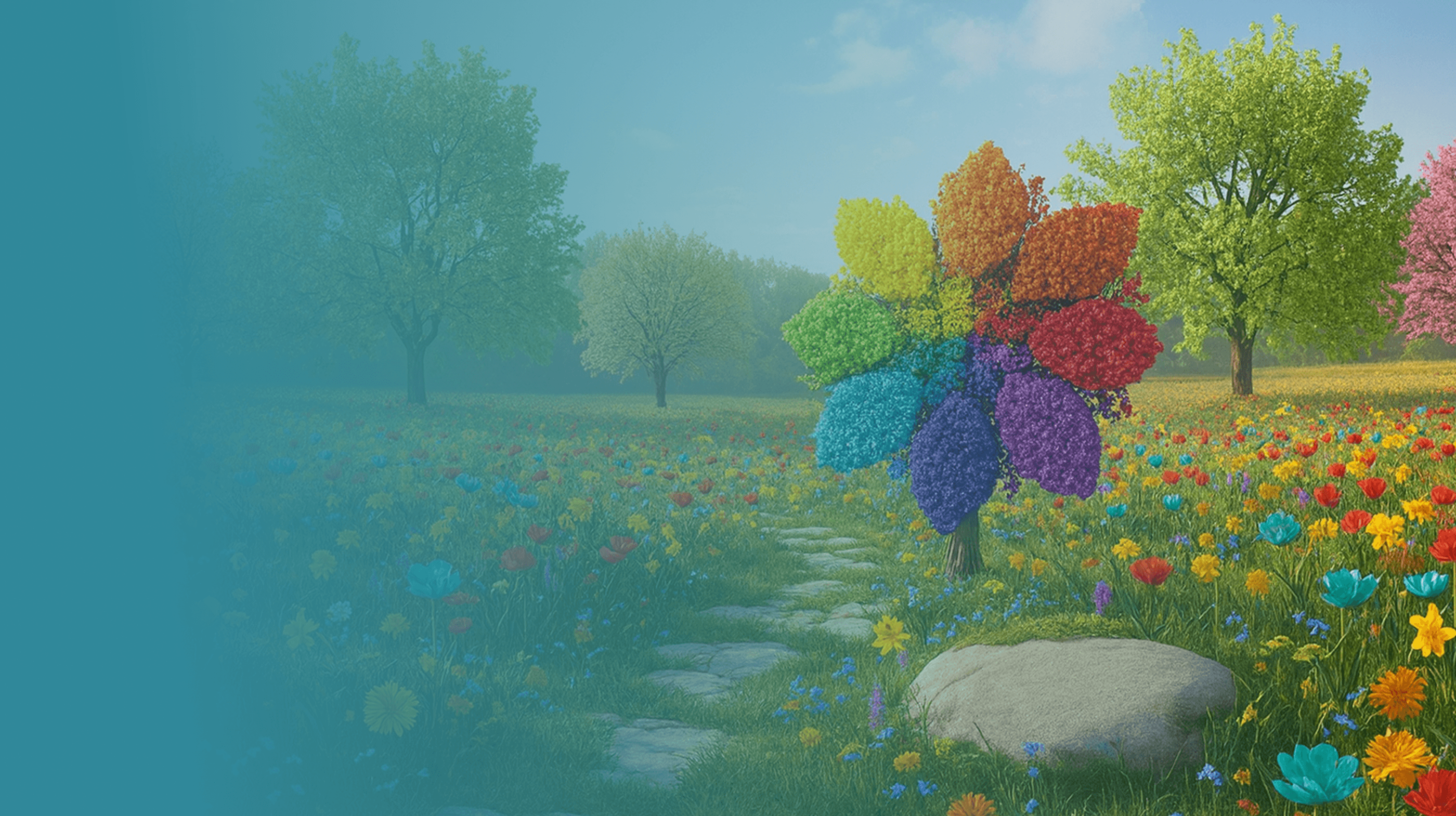 Colorful spring meadow with trees in bloom.